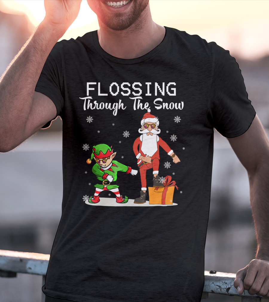 Flossing Through The Snow Santa And Elf Dancing With Gifts And Snowflakes T-Shirt