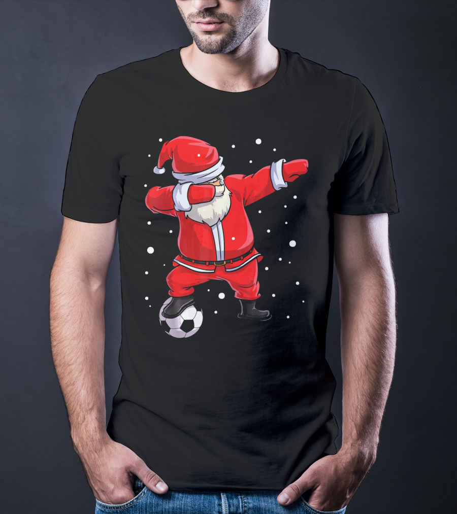 Santa Claus Dabbing On Soccer Ball Snowflakes Holiday T-Shirt