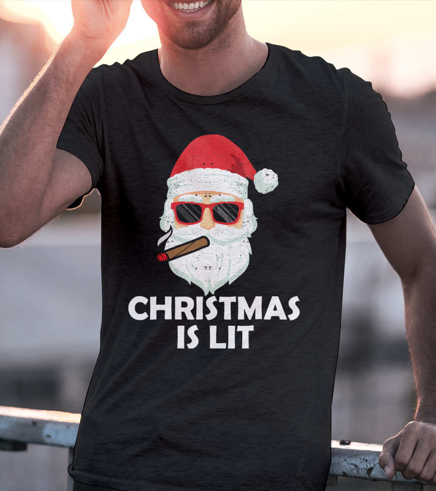 Christmas Is Lit Santa With Sunglasses And Cigar T-Shirt