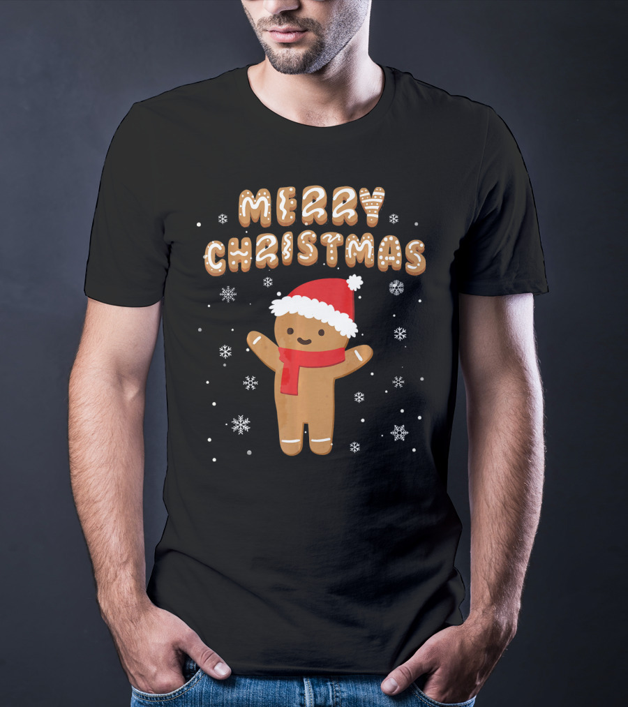 Merry Christmas Gingerbread Santa Hat Snowflakes T-Shirt