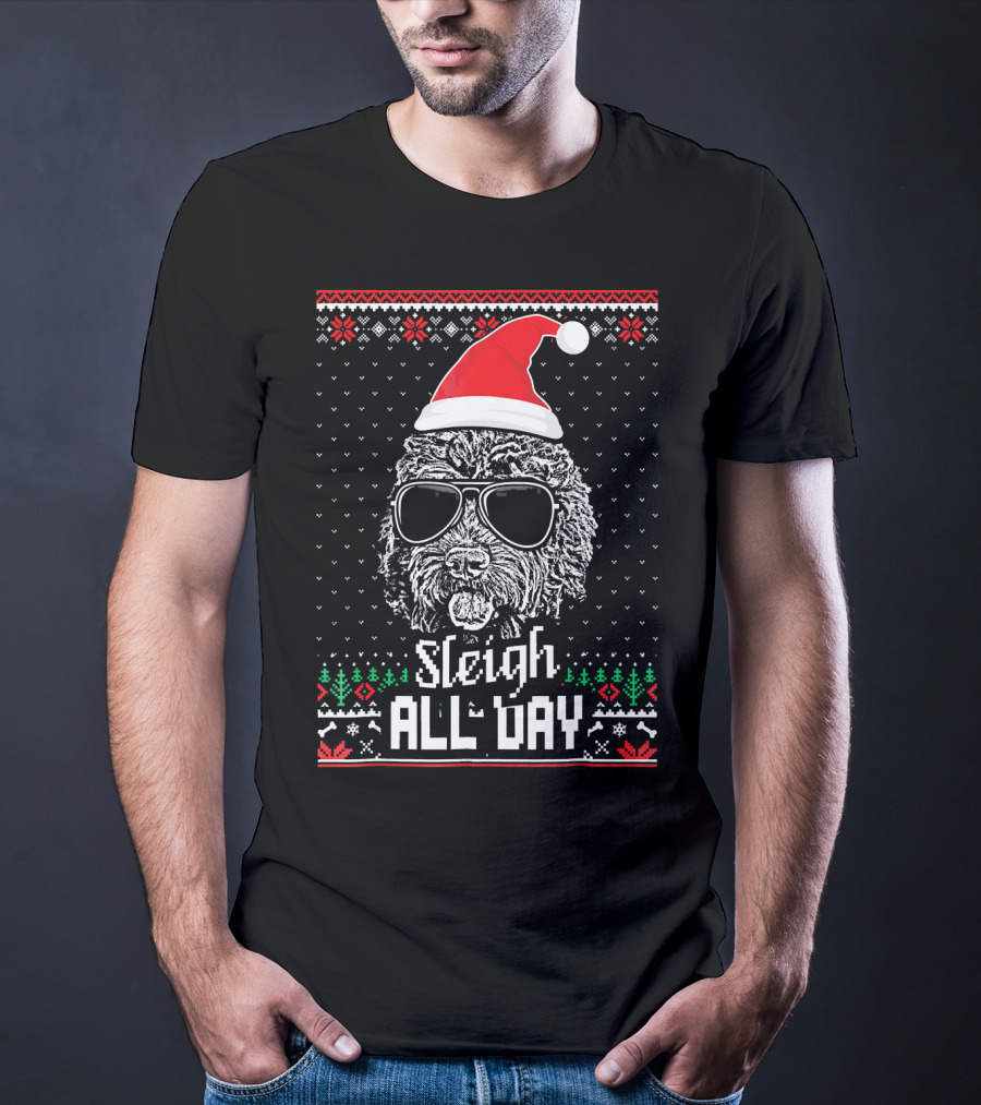 Sleigh All Day Christmas Labradoodle With Santa Hat And Sunglasses T-Shirt
