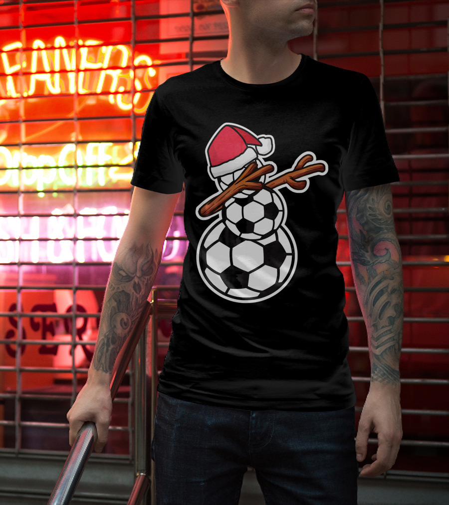 Dabbing Soccer Snowman With Santa Hat T-Shirt