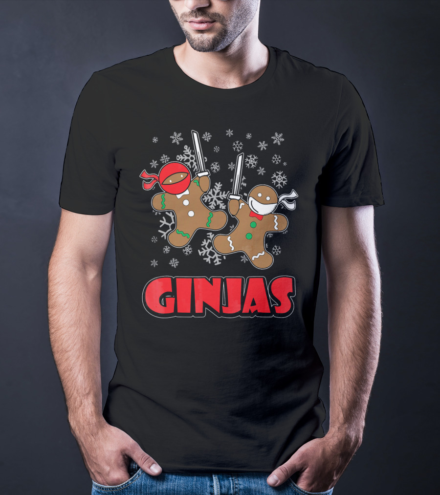 Gingerbread Man Ninjas Christmas In July Snowflakes T-Shirt
