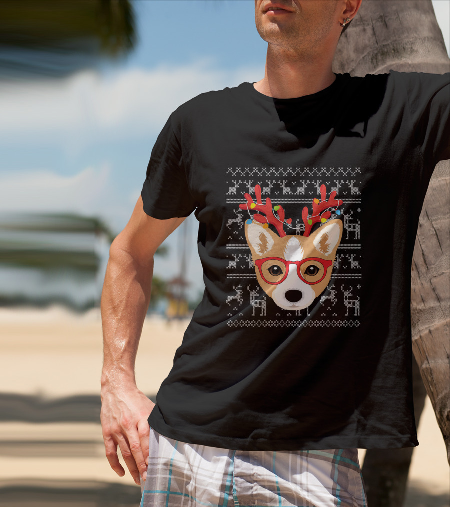 Corgi Puppy Dog With Xmas Antlers And Glasses Holiday T-Shirt