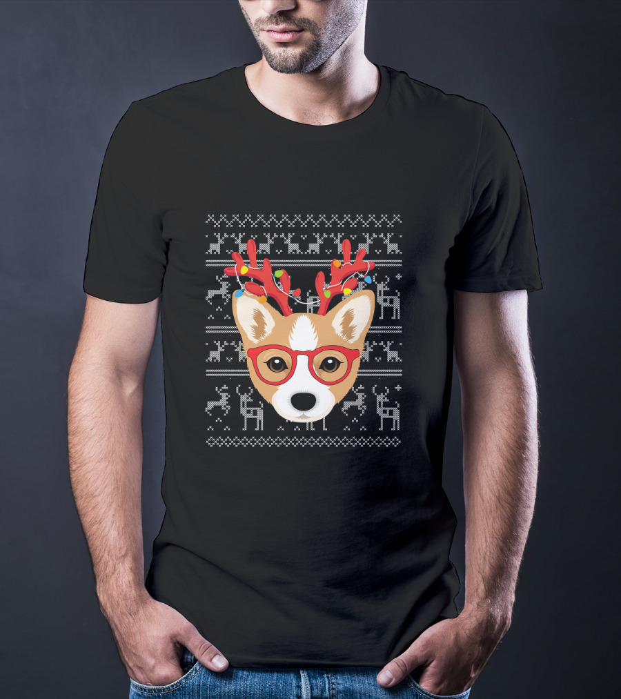 Corgi Puppy Dog With Xmas Antlers And Glasses Holiday T-Shirt