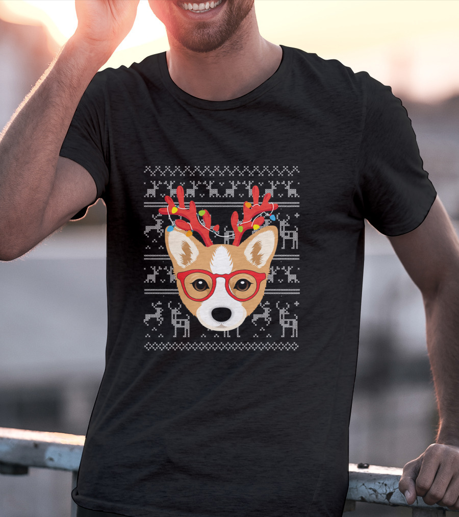 Corgi Puppy Dog With Xmas Antlers And Glasses Holiday T-Shirt
