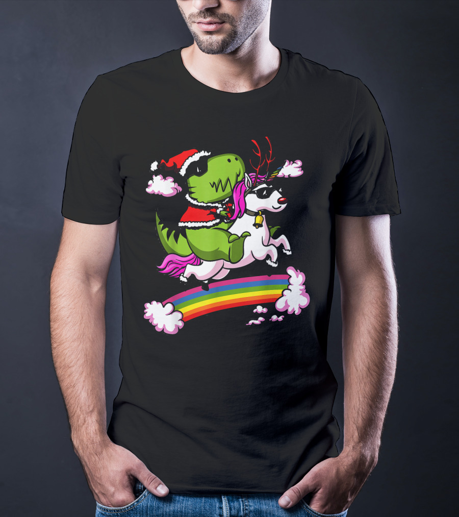 T Rex Dinosaur Santa Riding Unicorn Rainbow Cloud Adventure T-Shirt