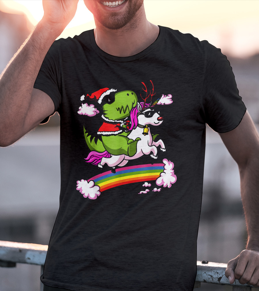 T Rex Dinosaur Santa Riding Unicorn Rainbow Cloud Adventure T-Shirt