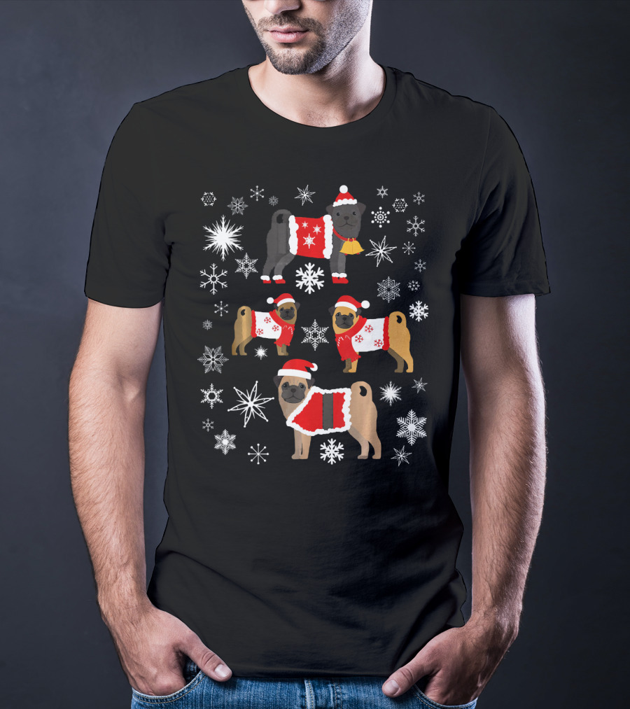 Pug Christmas Snowflakes Sweaters Santa Hats Holiday T-Shirt