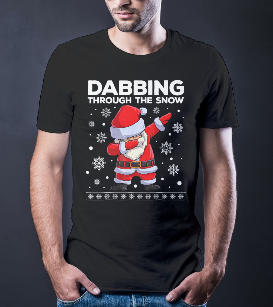 Boys Christmas Dabbing Santa Through The Snow With Snowflakes T-Shirt