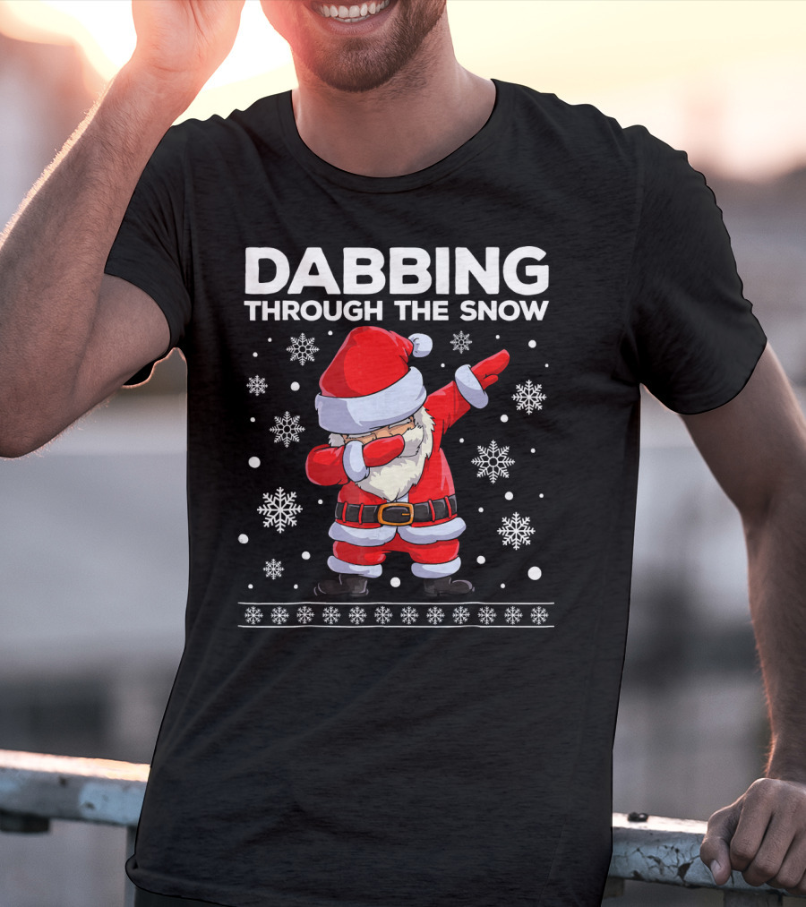 Boys Christmas Dabbing Santa Through The Snow With Snowflakes T-Shirt
