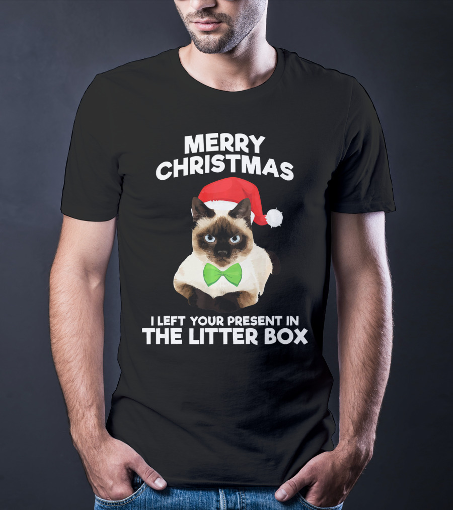 Merry Christmas I Left Your Present In The Litter Box Cat Santa Hat Bow Tie T-Shirt