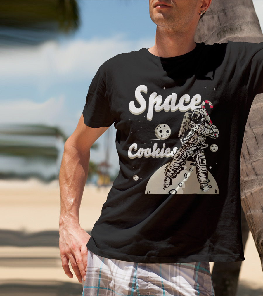 Space Cookies Xmas Weed Astronaut With Candy Cane On Moon T-Shirt
