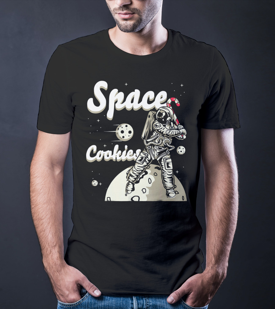 Space Cookies Xmas Weed Astronaut With Candy Cane On Moon T-Shirt