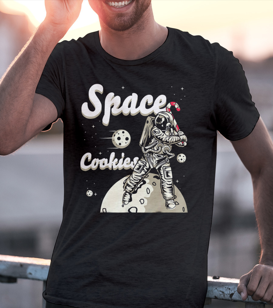 Space Cookies Xmas Weed Astronaut With Candy Cane On Moon T-Shirt