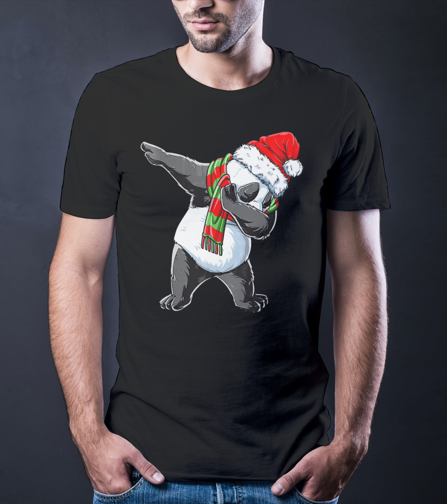 Panda Dabbing Santa Hat Red Green Scarf T-Shirt