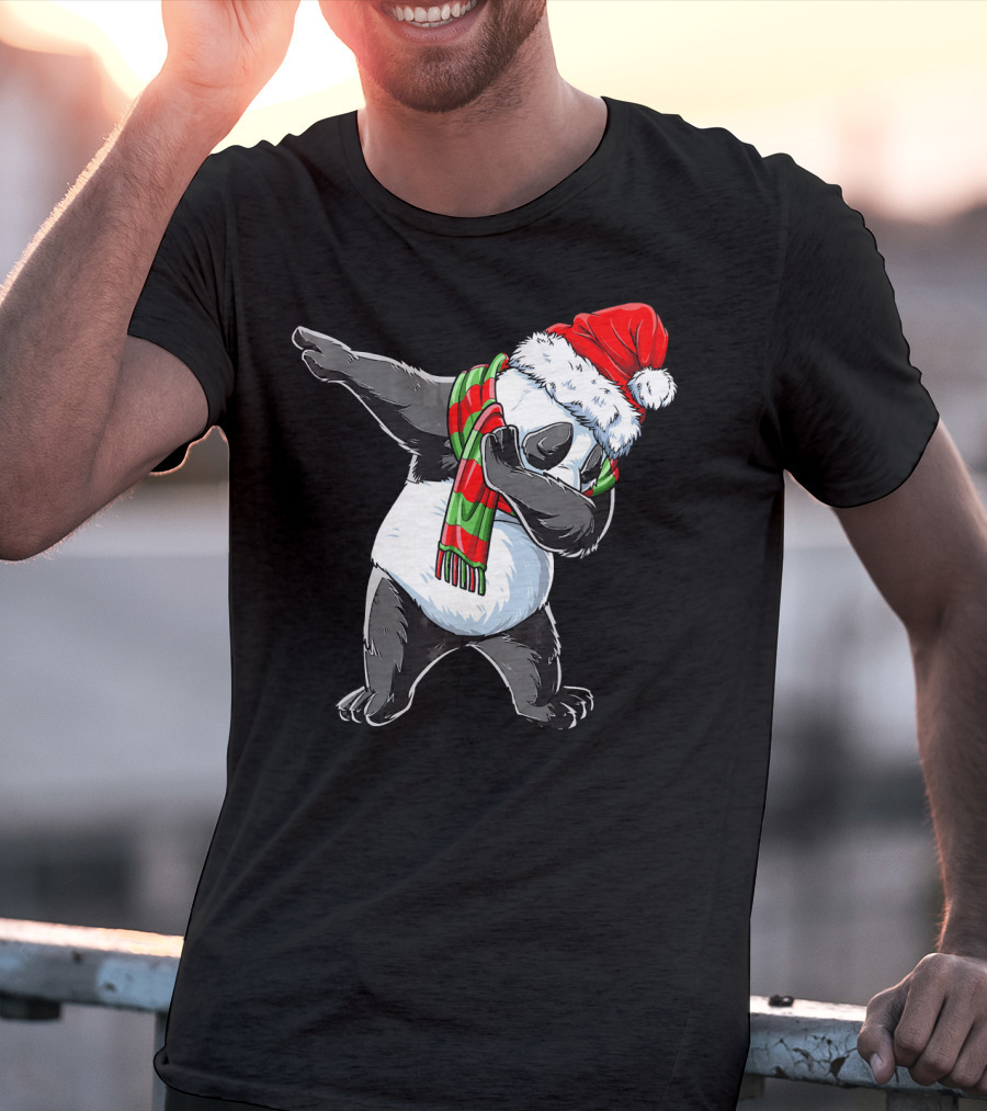 Panda Dabbing Santa Hat Red Green Scarf T-Shirt