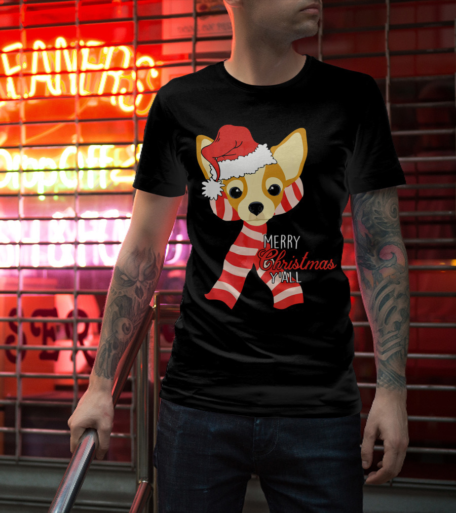 Merry Christmas Y'all Chihuahua Dog With Santa Hat And Scarf T-Shirt