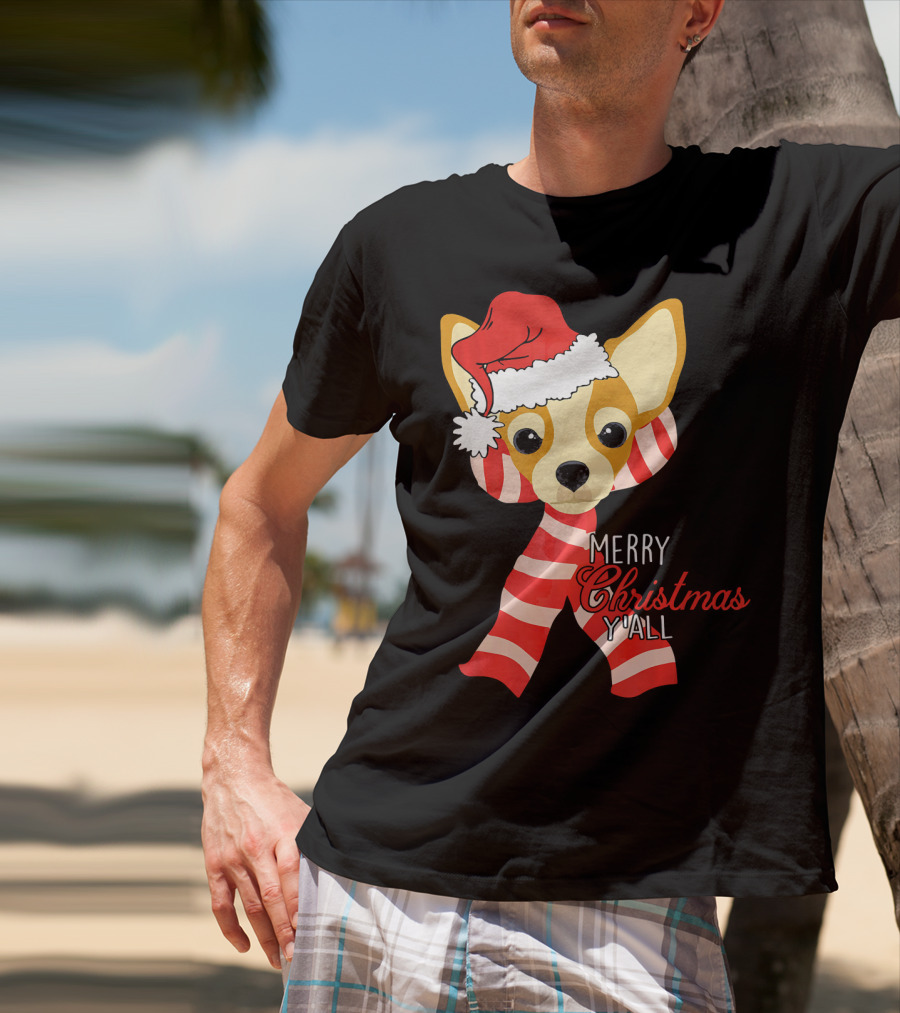 Merry Christmas Y'all Chihuahua Dog With Santa Hat And Scarf T-Shirt