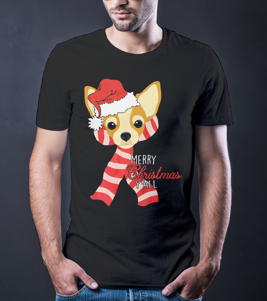 Merry Christmas Y'all Chihuahua Dog With Santa Hat And Scarf T-Shirt