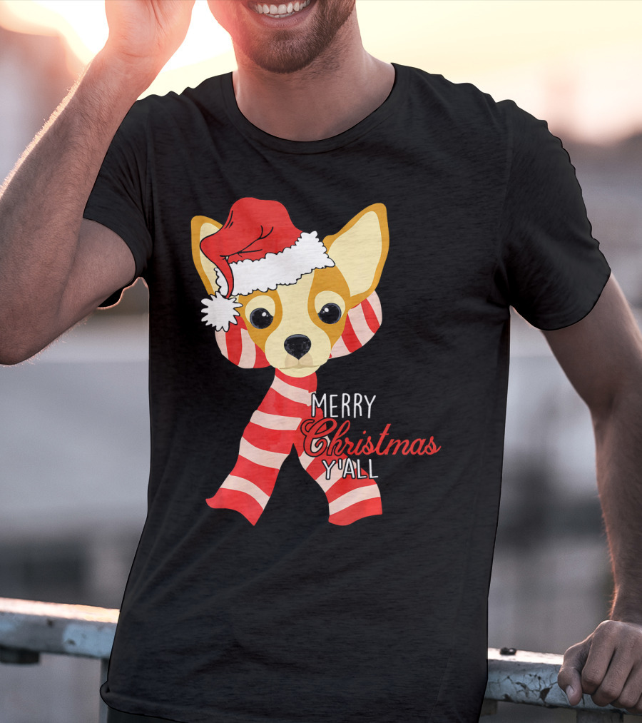 Merry Christmas Y'all Chihuahua Dog With Santa Hat And Scarf T-Shirt