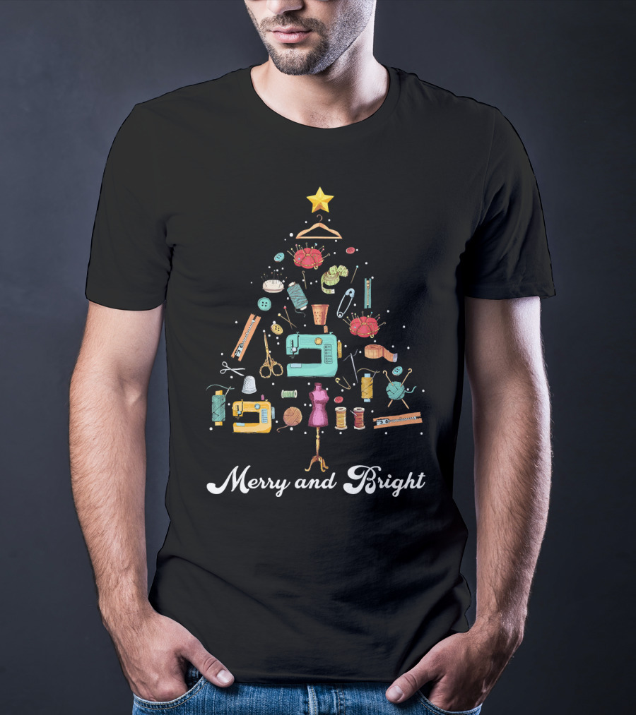 Merry And Bright Christmas Tree Sewing Yarn Quilting Tools T-Shirt