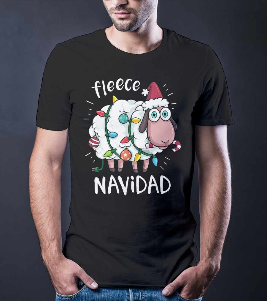 Fleece Navidad Funny Cute Sheep With Christmas Lights And Santa Hat T-Shirt