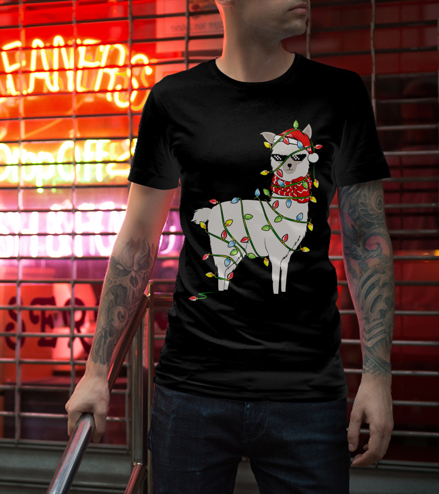 Llama Wrapped In Christmas Lights Wearing Santa Hat And Scarf T-Shirt
