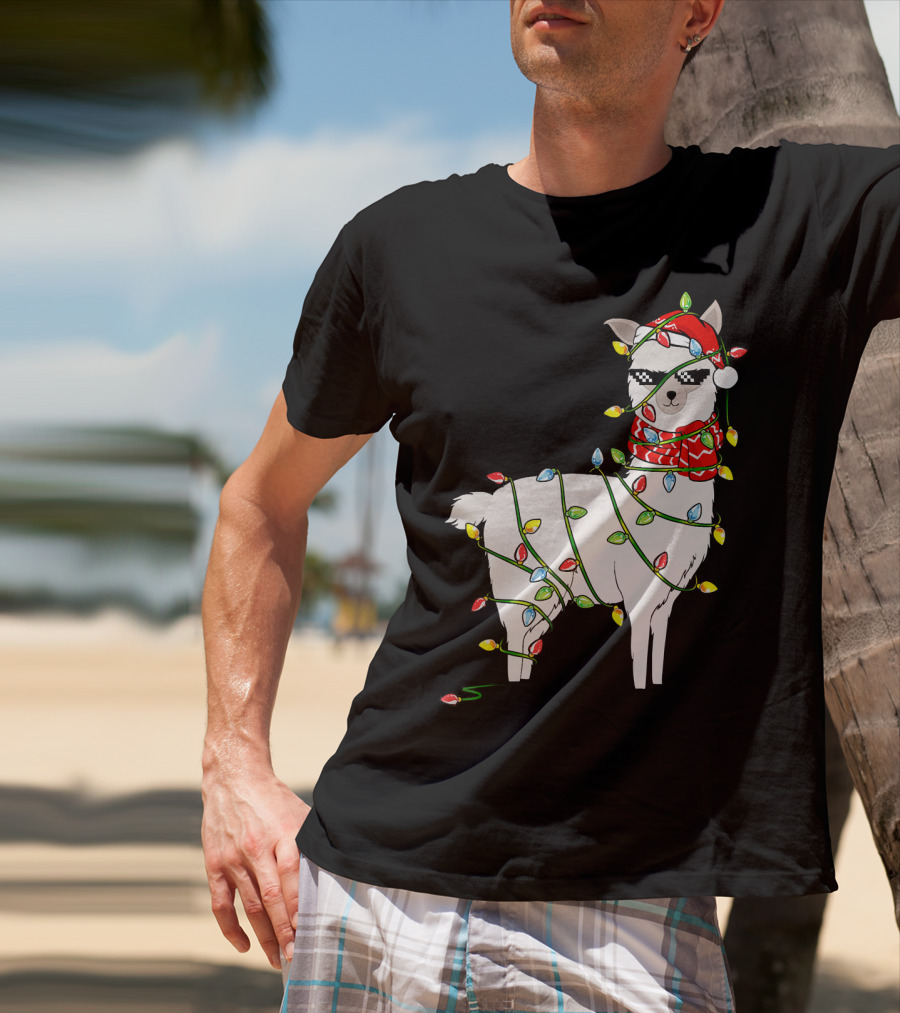 Llama Wrapped In Christmas Lights Wearing Santa Hat And Scarf T-Shirt