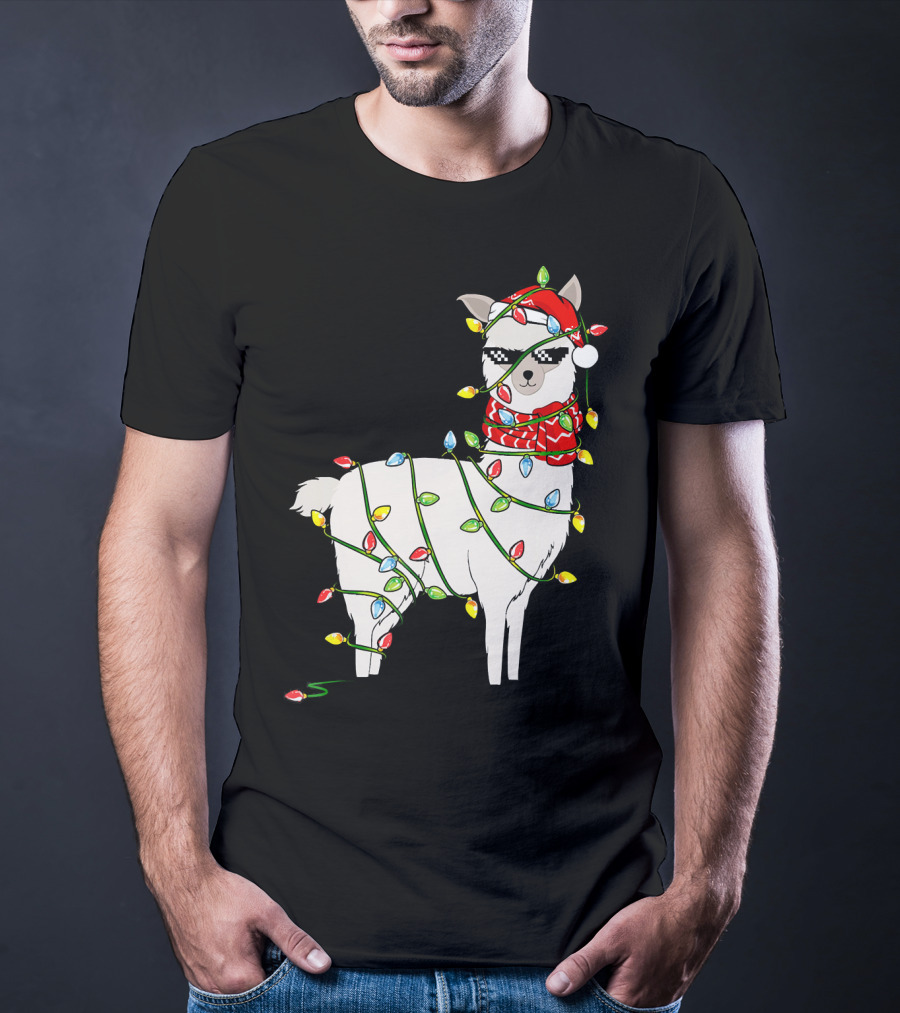 Llama Wrapped In Christmas Lights Wearing Santa Hat And Scarf T-Shirt