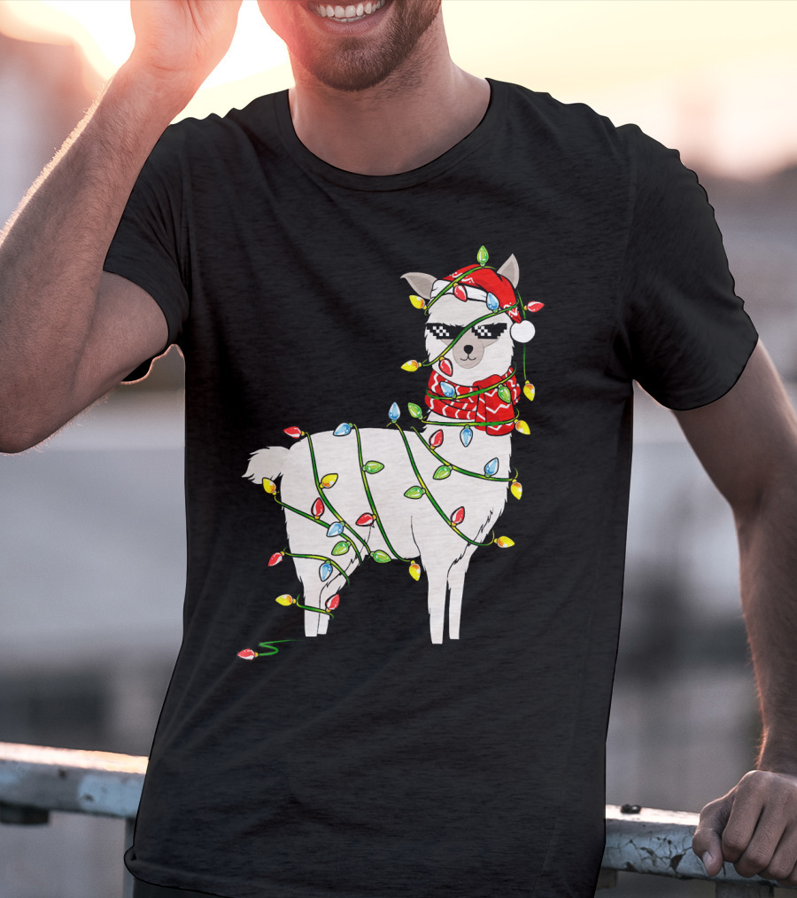 Llama Wrapped In Christmas Lights Wearing Santa Hat And Scarf T-Shirt
