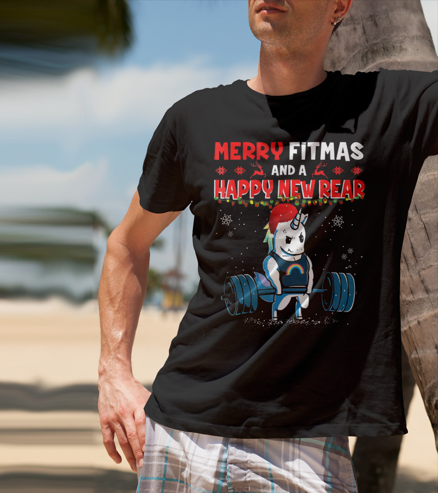 Merry Fitmas And A Happy New Rear Unicorn Weightlifting Santa Hat Snowflakes T-Shirt