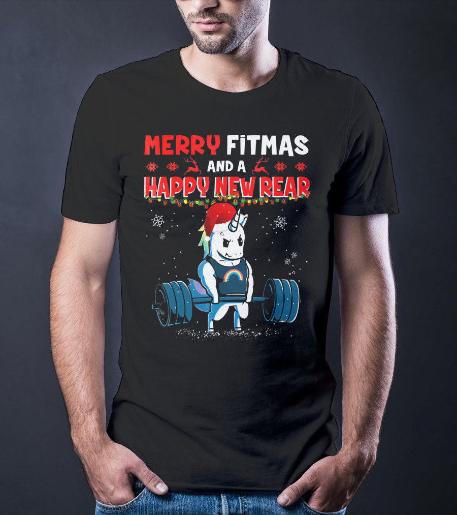 Merry Fitmas And A Happy New Rear Unicorn Weightlifting Santa Hat Snowflakes T-Shirt