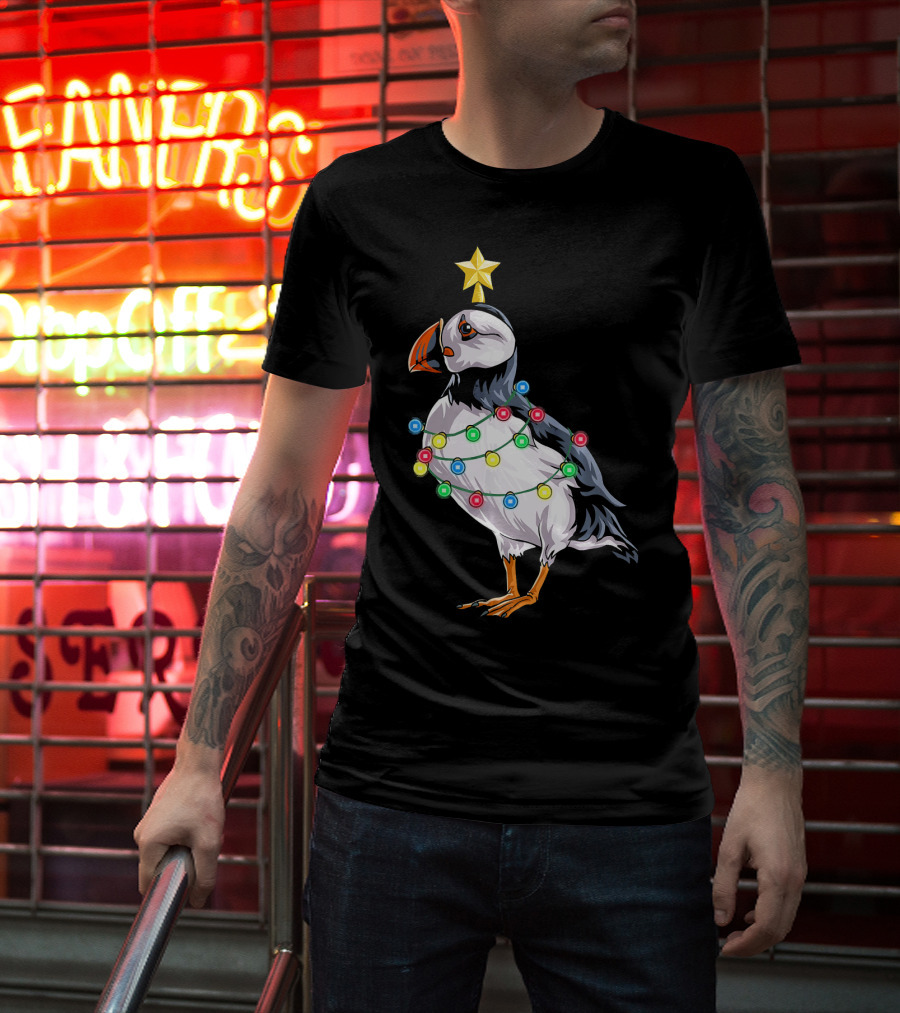 Puffin Bird Wrapped In Christmas Lights With Star T-Shirt