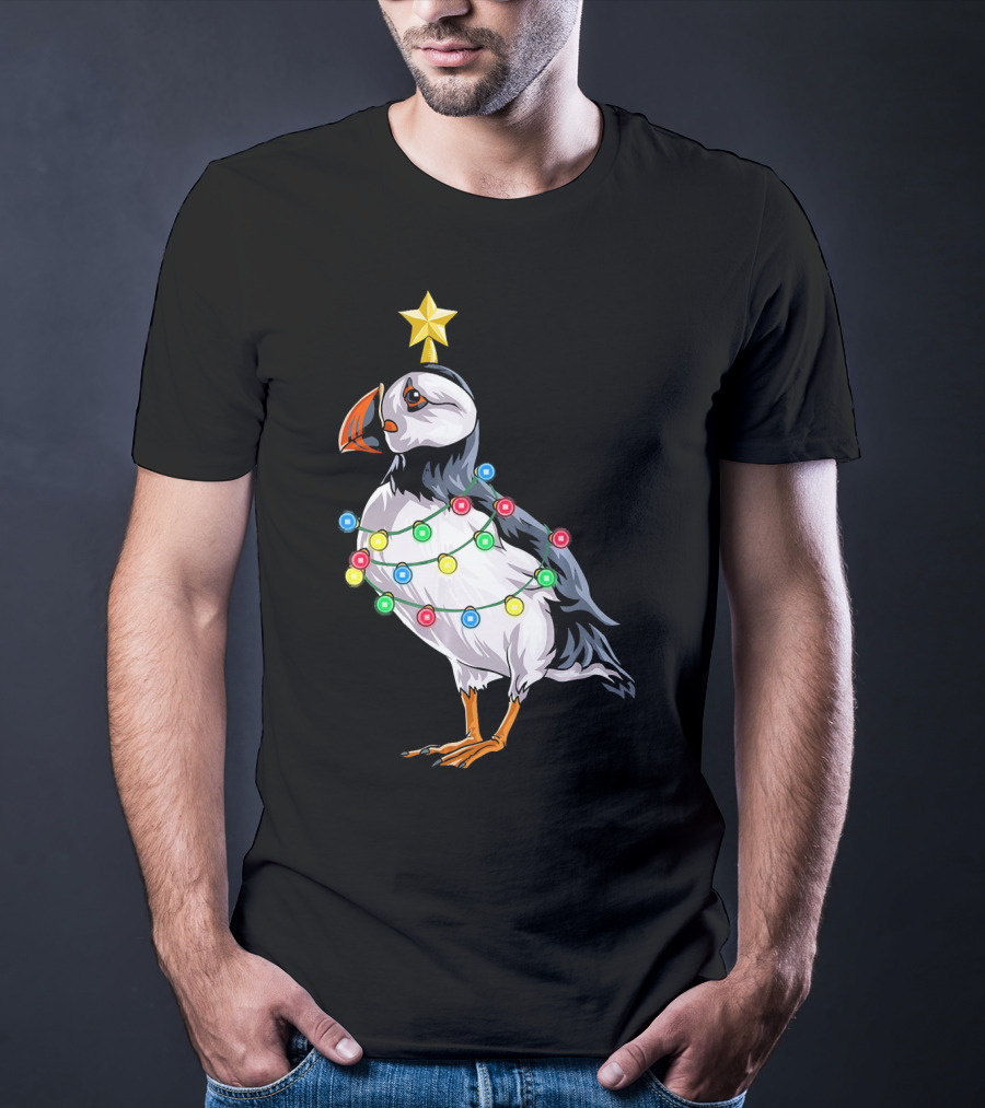 Puffin Bird Wrapped In Christmas Lights With Star T-Shirt