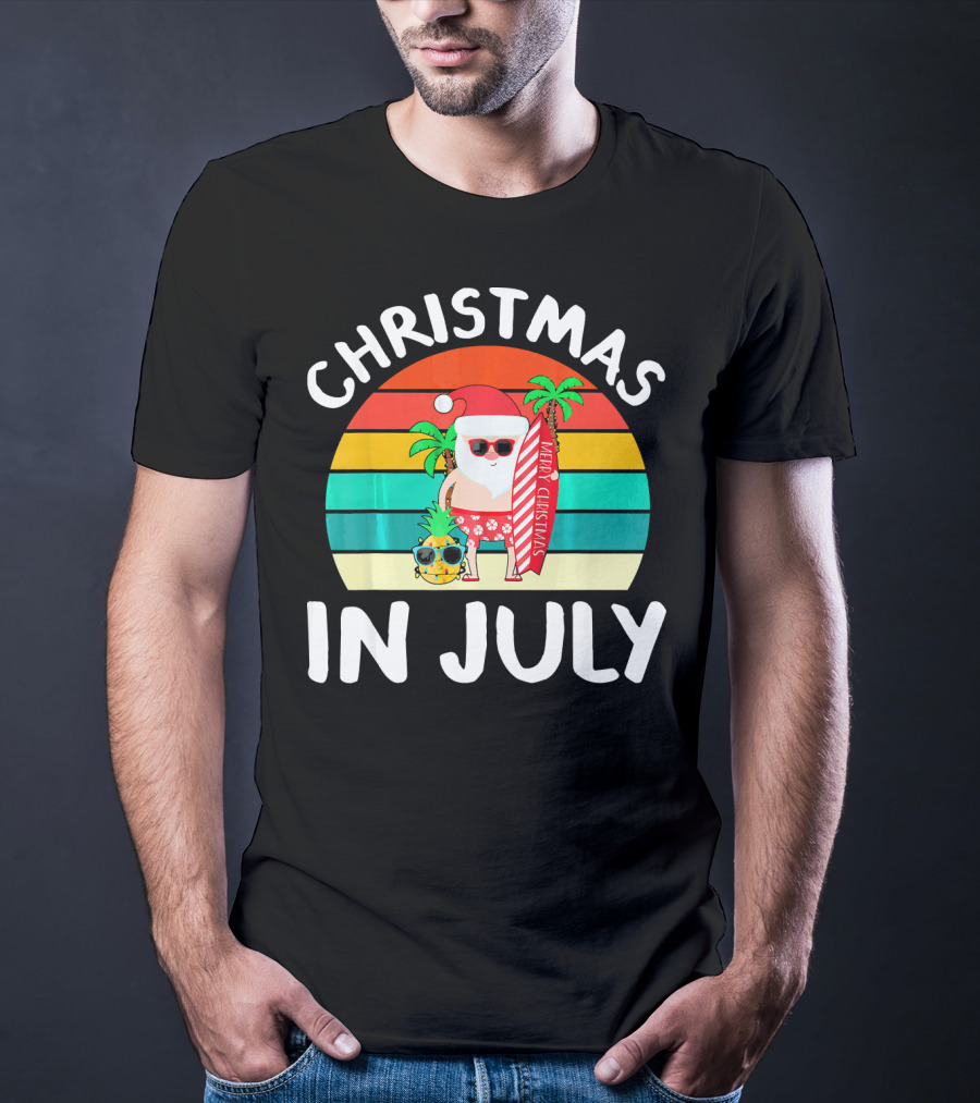 Christmas In July Vintage Santa Tropical Surfboard Merry Christmas T-Shirt