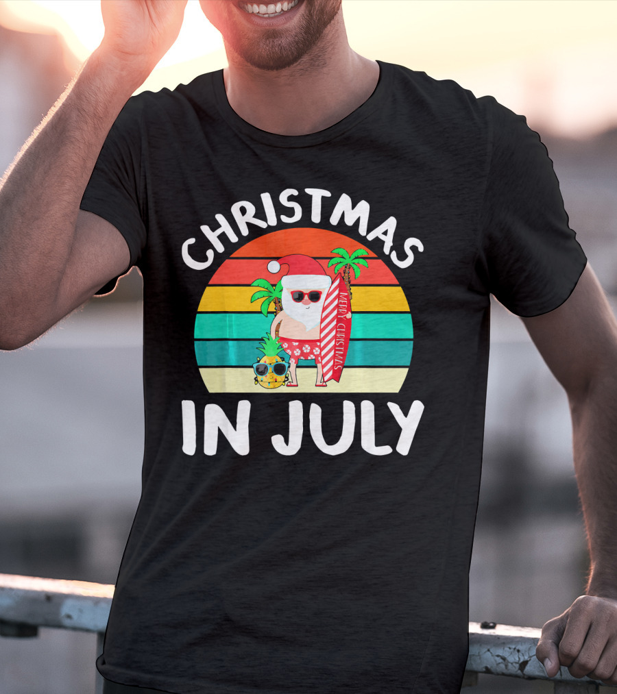 Christmas In July Vintage Santa Tropical Surfboard Merry Christmas T-Shirt
