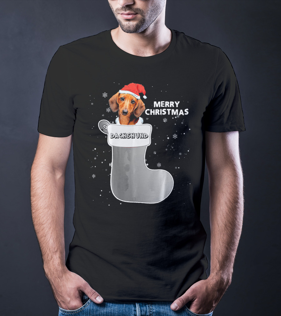 Dachshund Merry Christmas Sock Santa Hat T-Shirt
