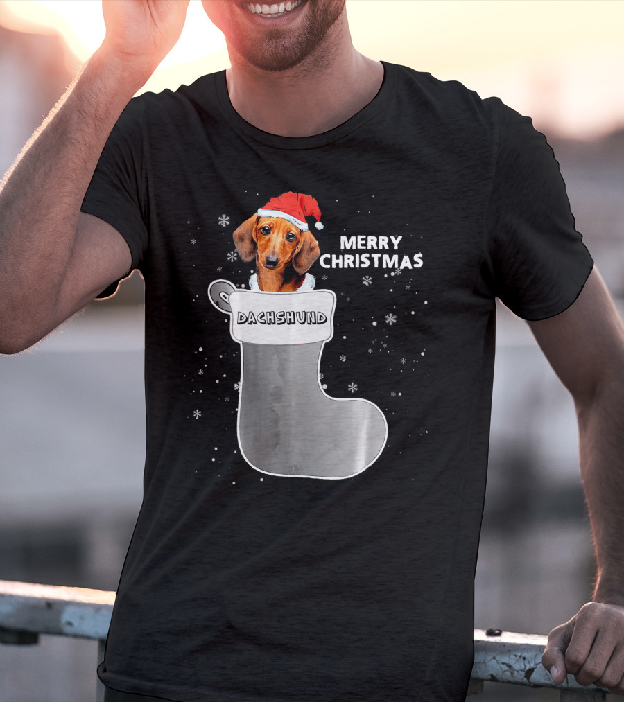 Dachshund Merry Christmas Sock Santa Hat T-Shirt