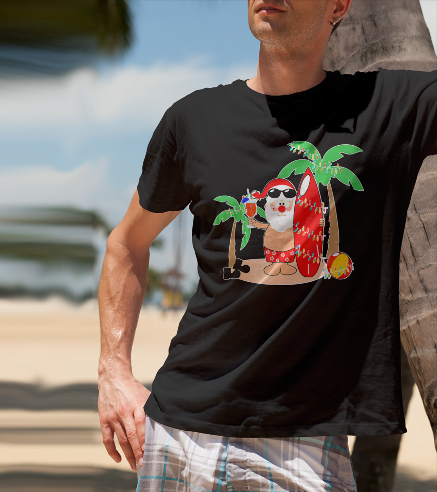 Santa Claus Surfing Hawaiian Summer Palm Trees And Lights T-Shirt