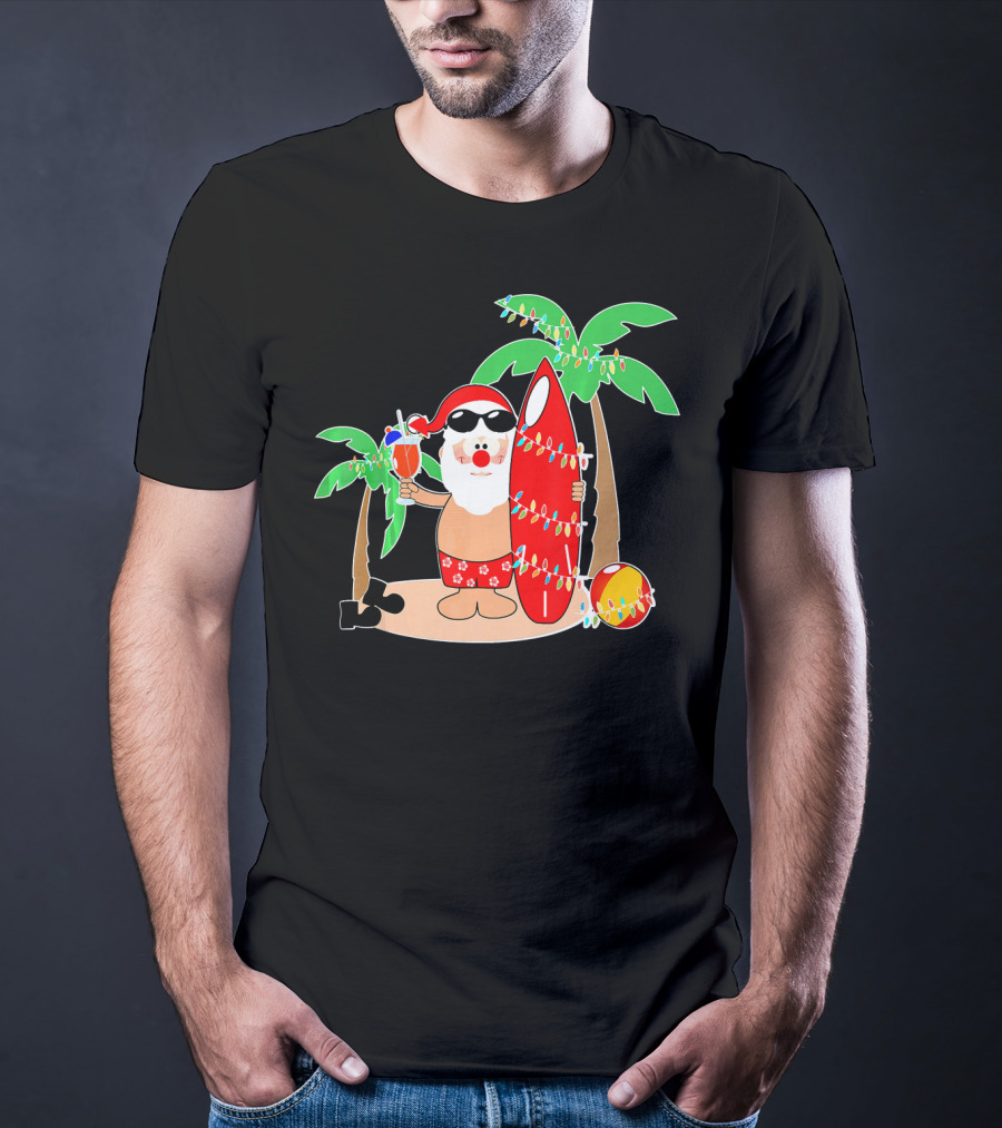 Santa Claus Surfing Hawaiian Summer Palm Trees And Lights T-Shirt