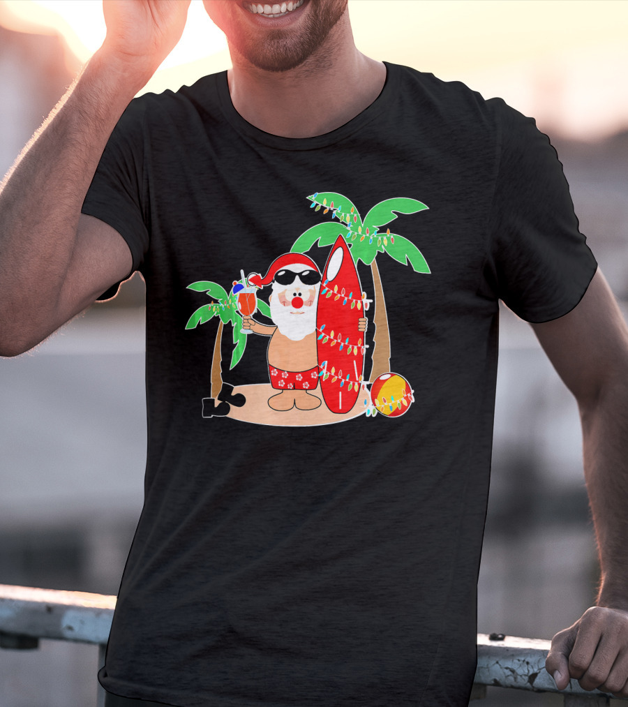 Santa Claus Surfing Hawaiian Summer Palm Trees And Lights T-Shirt