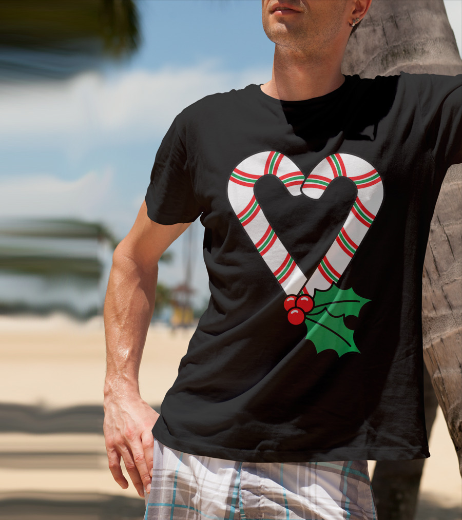 Christmas Candy Cane Heart Holly Berry T-Shirt
