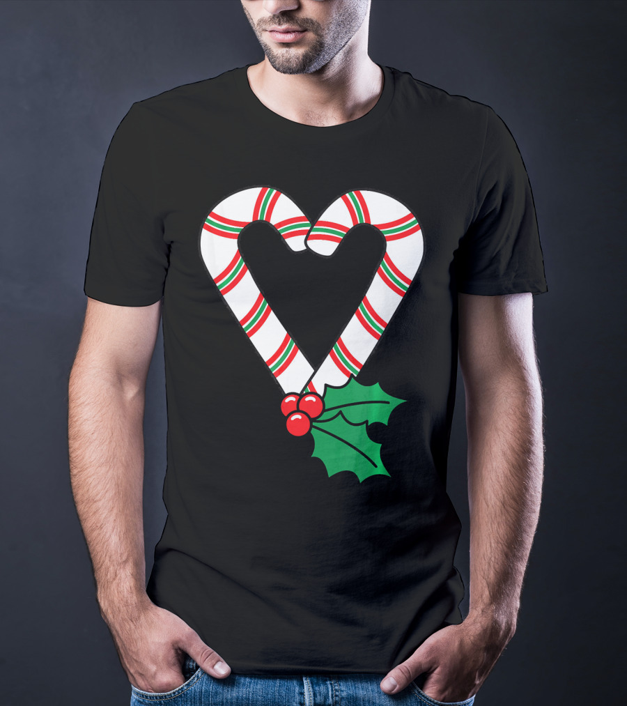 Christmas Candy Cane Heart Holly Berry T-Shirt