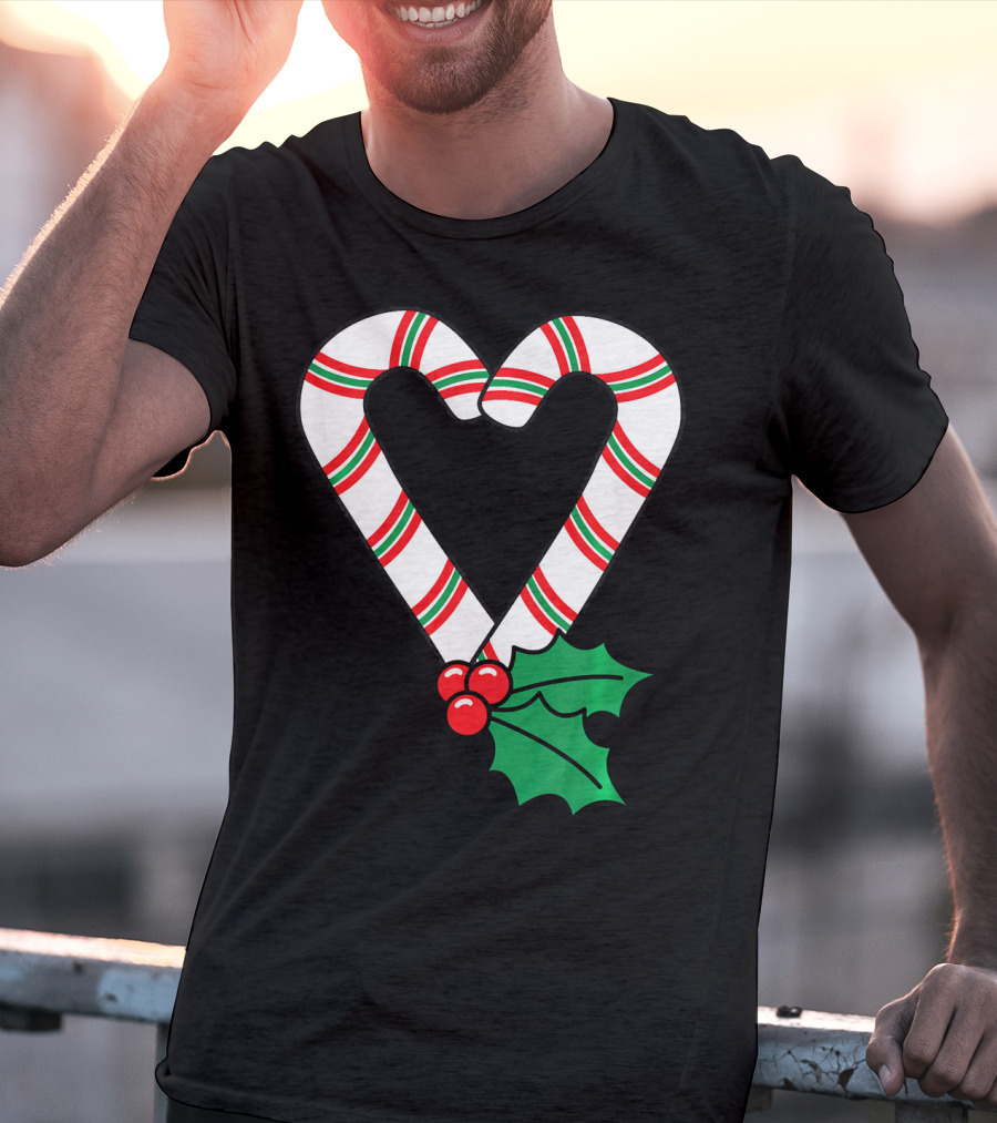 Christmas Candy Cane Heart Holly Berry T-Shirt