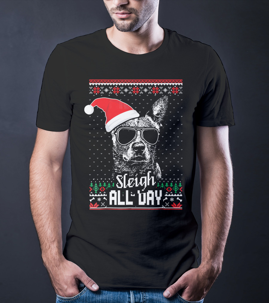 Sleigh All Day Funny Australian Cattle Dog Christmas Santa Hat Sunglasses Festive Knit T-Shirt
