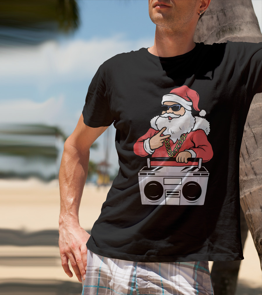 Santa Claus Rapper Style With Boombox And Bling T-Shirt
