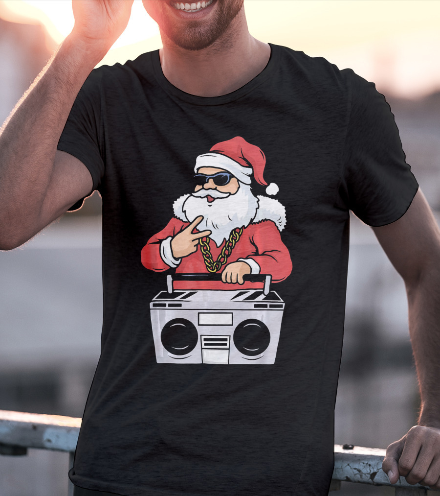 Santa Claus Rapper Style With Boombox And Bling T-Shirt
