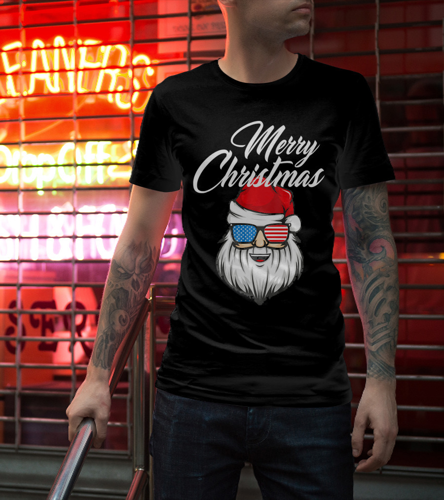 Merry Christmas Santa Claus Patriotic US Flag Sunglasses T-Shirt