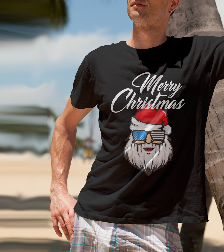 Merry Christmas Santa Claus Patriotic US Flag Sunglasses T-Shirt